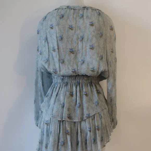 Womens LoveShackFancy Pale Blue Metallic Gold Silk Floral Mini Popover Dress XS - Picture 10 of 15